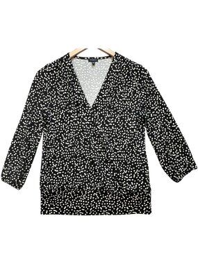Talbots Women's Wrap V Neck Blouse Long Sleeve Size S Black White Polka Dot